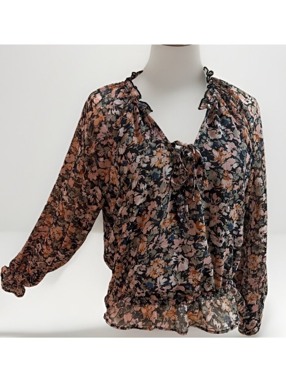 American Eagle Women's Sheer Floral Peasant Top Size S Dark Floral Romantic Boho